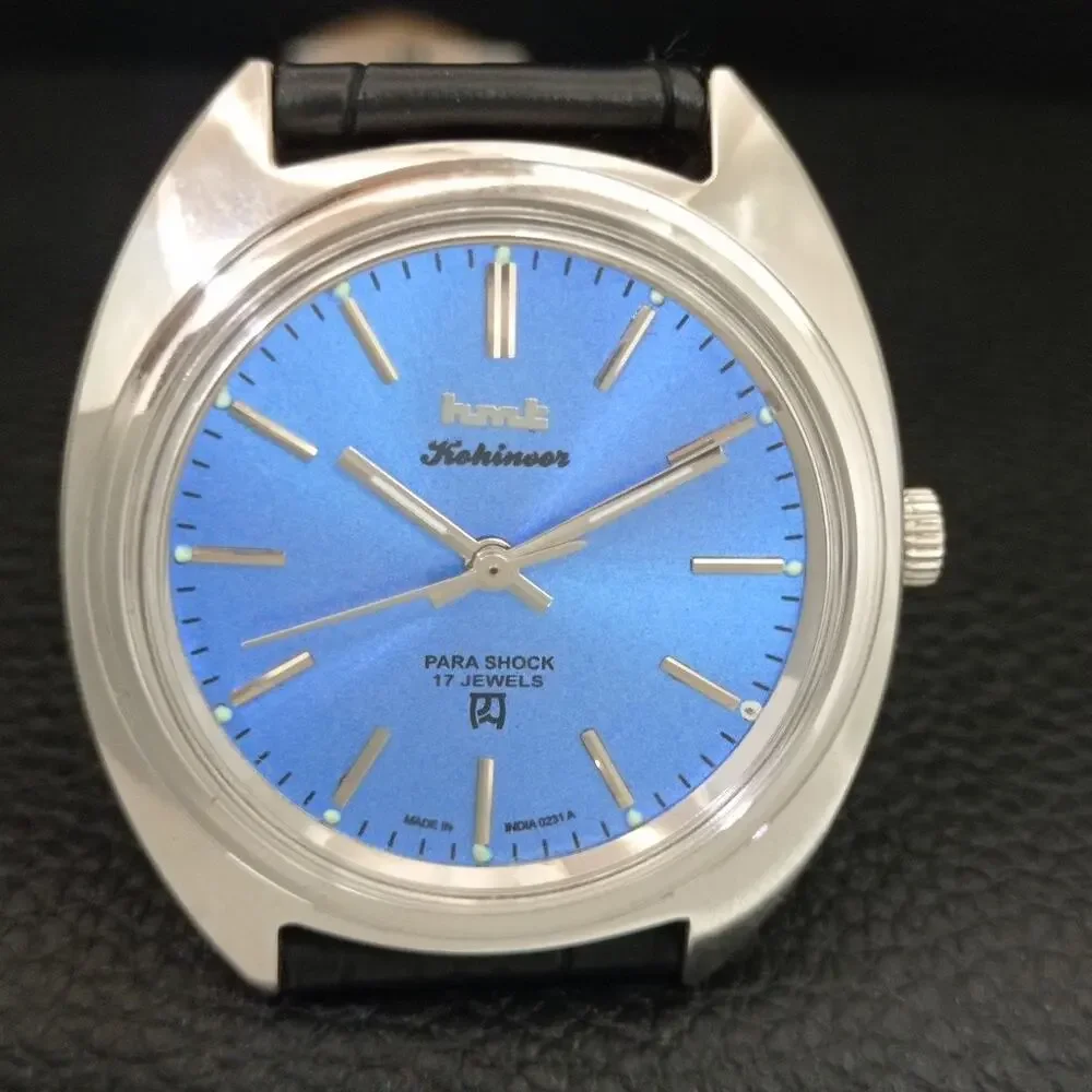 Vintage 1982 HMT Manual Wound Mens Silver Watch & Blue accents